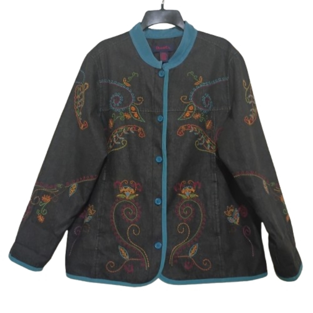 Denim & Co Floral Paisley Embroidered Artisian Inspire Vtg Jean Jacket Lge Boho - Picture 15 of 16